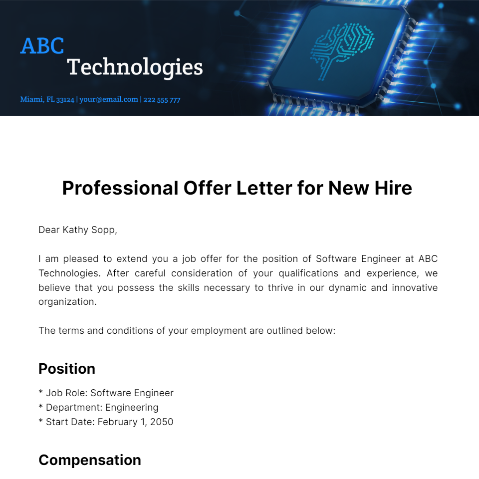 Free Professional Offer Letter for New Hire  Template