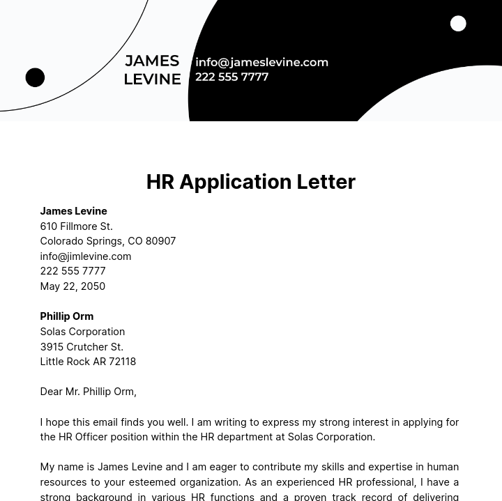 Human Resources Application Letter  Template