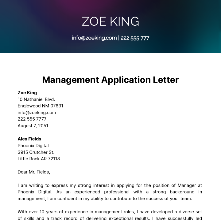 Management Application Letter  Template