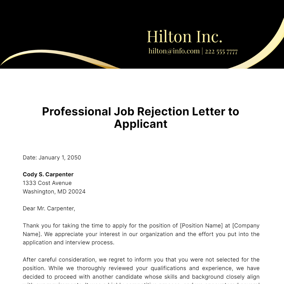 Free Professional Job Rejection Letter to Applicant  Template