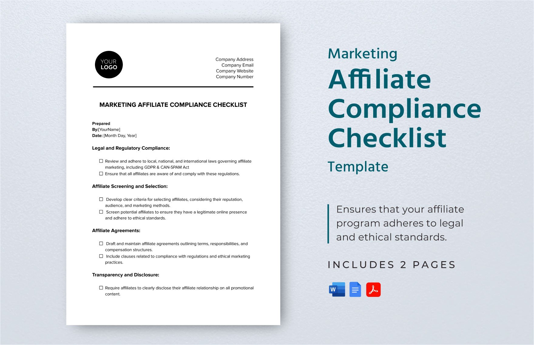 Marketing Affiliate Compliance Checklist Template in Word, Google Docs, PDF