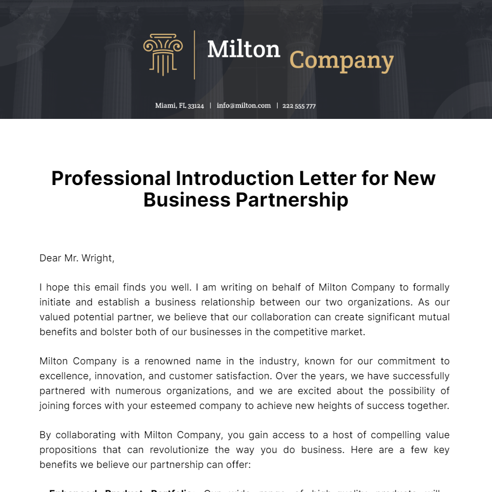 Free Professional Introduction Letter for New Business Partnership 