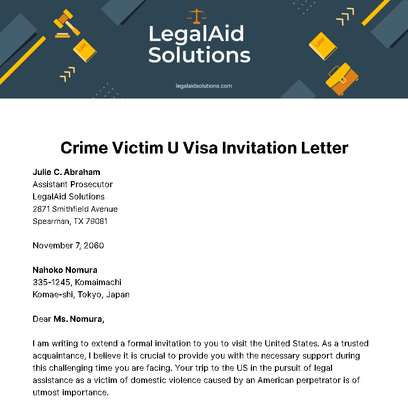 Crime Victim U Visa Invitation Letter Template