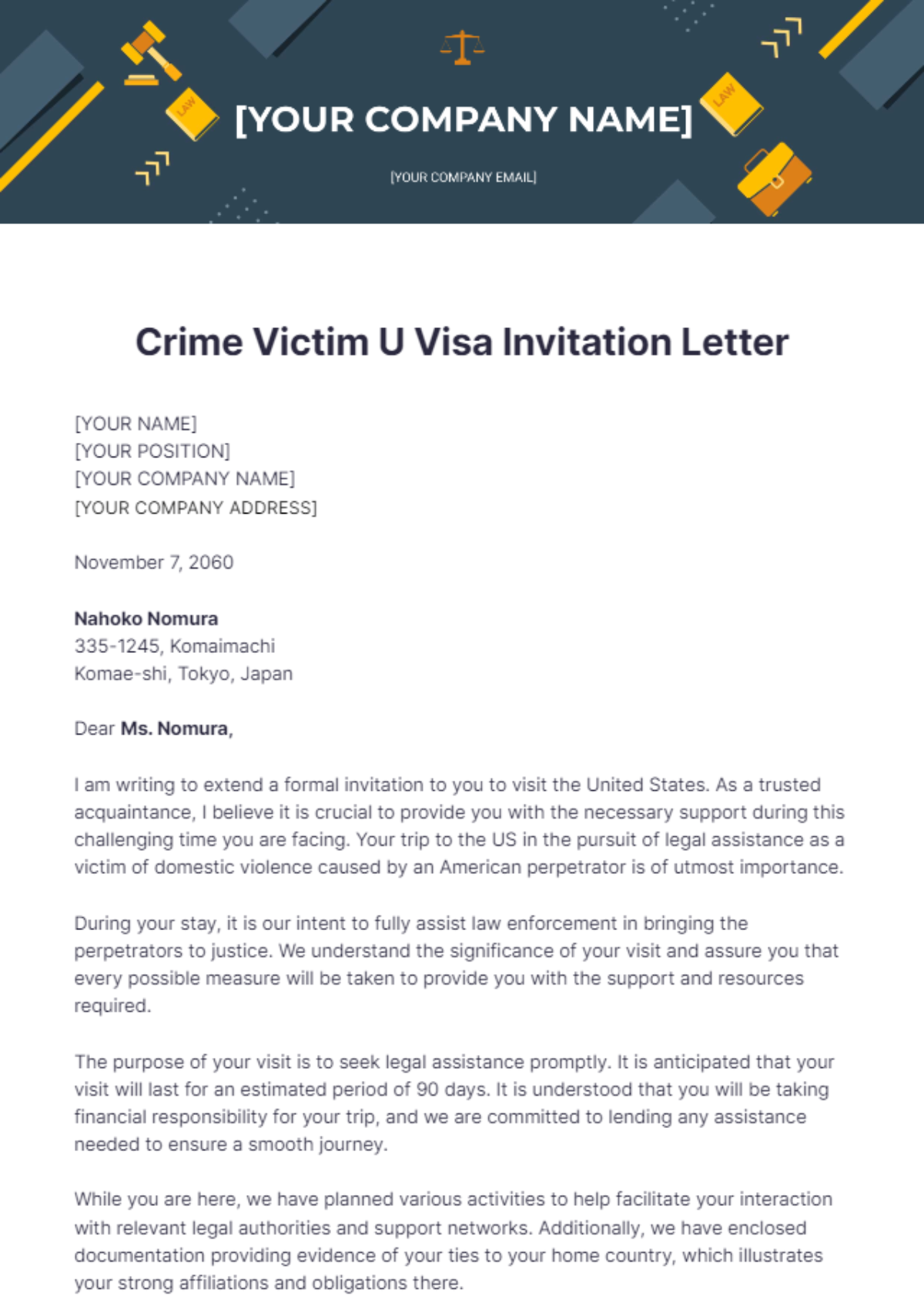 Crime Victim U Visa Invitation Letter Template