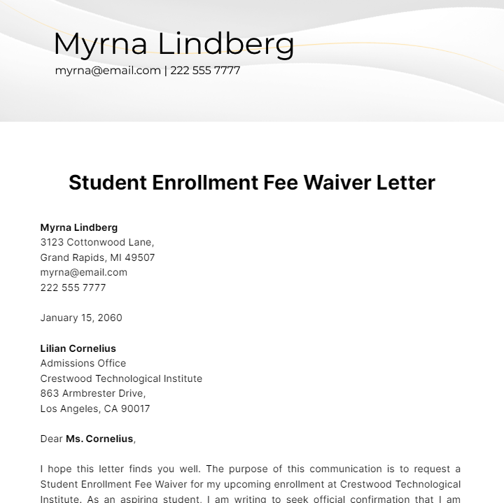 Free Student Enrollment Fee Waiver Letter Template