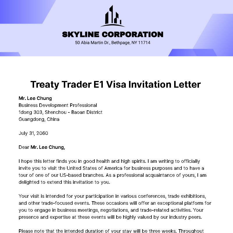 Treaty Trader E1 Visa Invitation Letter Template