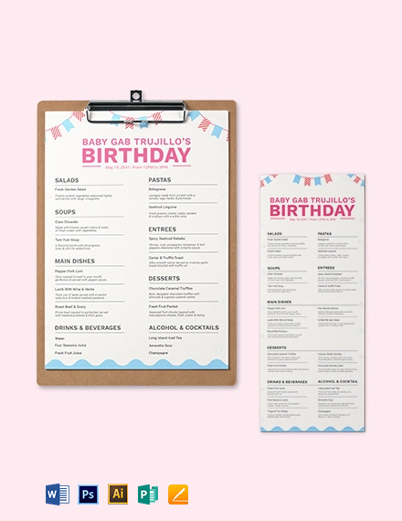 Blank Birthday Menu Template - Illustrator, Word, Apple Pages, PSD, Publisher