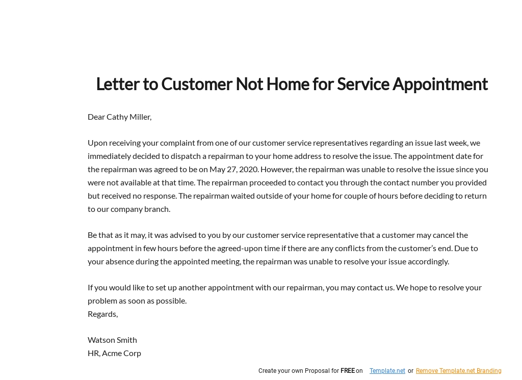 Letter to Customer Not Home for Service Appointment Template.jpe