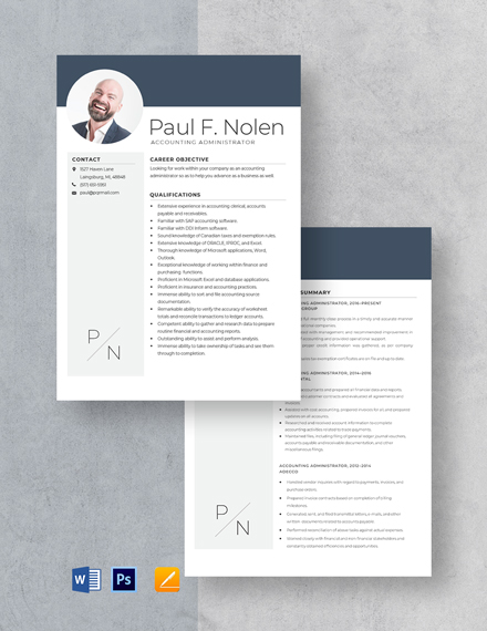 Accounting Administrator Resume Template - Word, Apple Pages, PSD