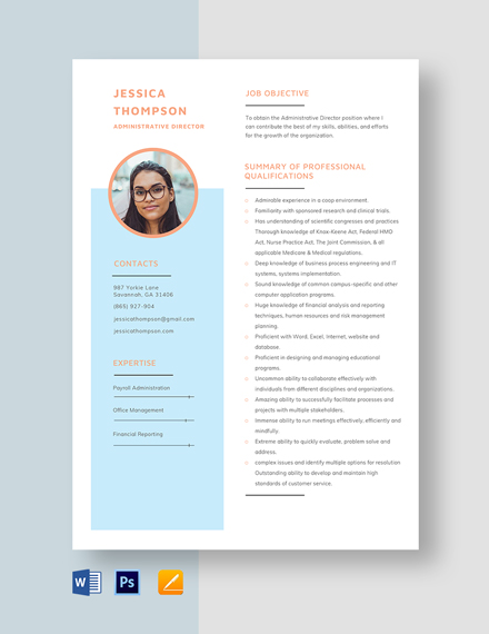Administrative Director Resume Template - Word, Apple Pages, PSD