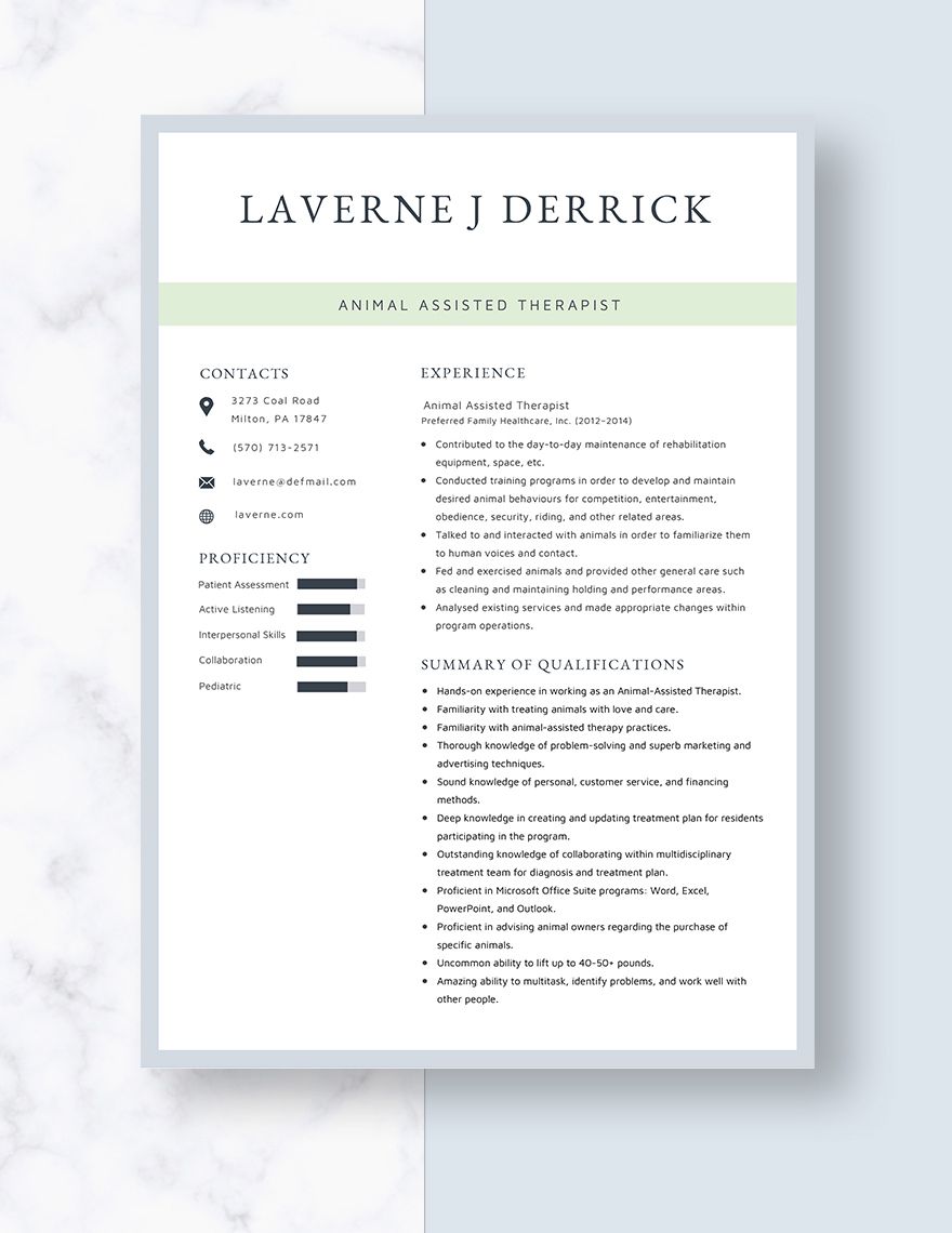 Animal Assisted Therapist Resume