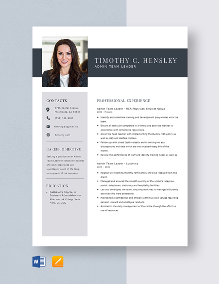 Admin Team Leader Resume Template - Word, Apple Pages