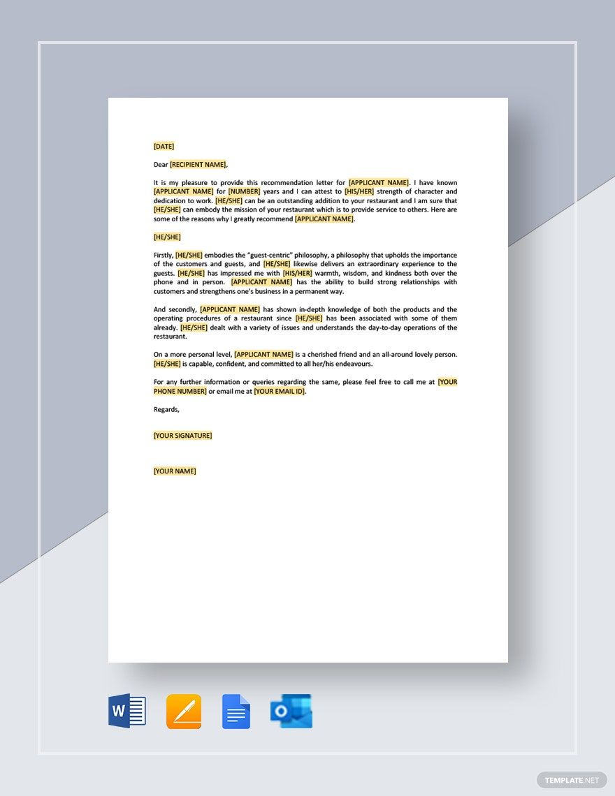 Restaurant Employee Personal Recommendation Letter Template