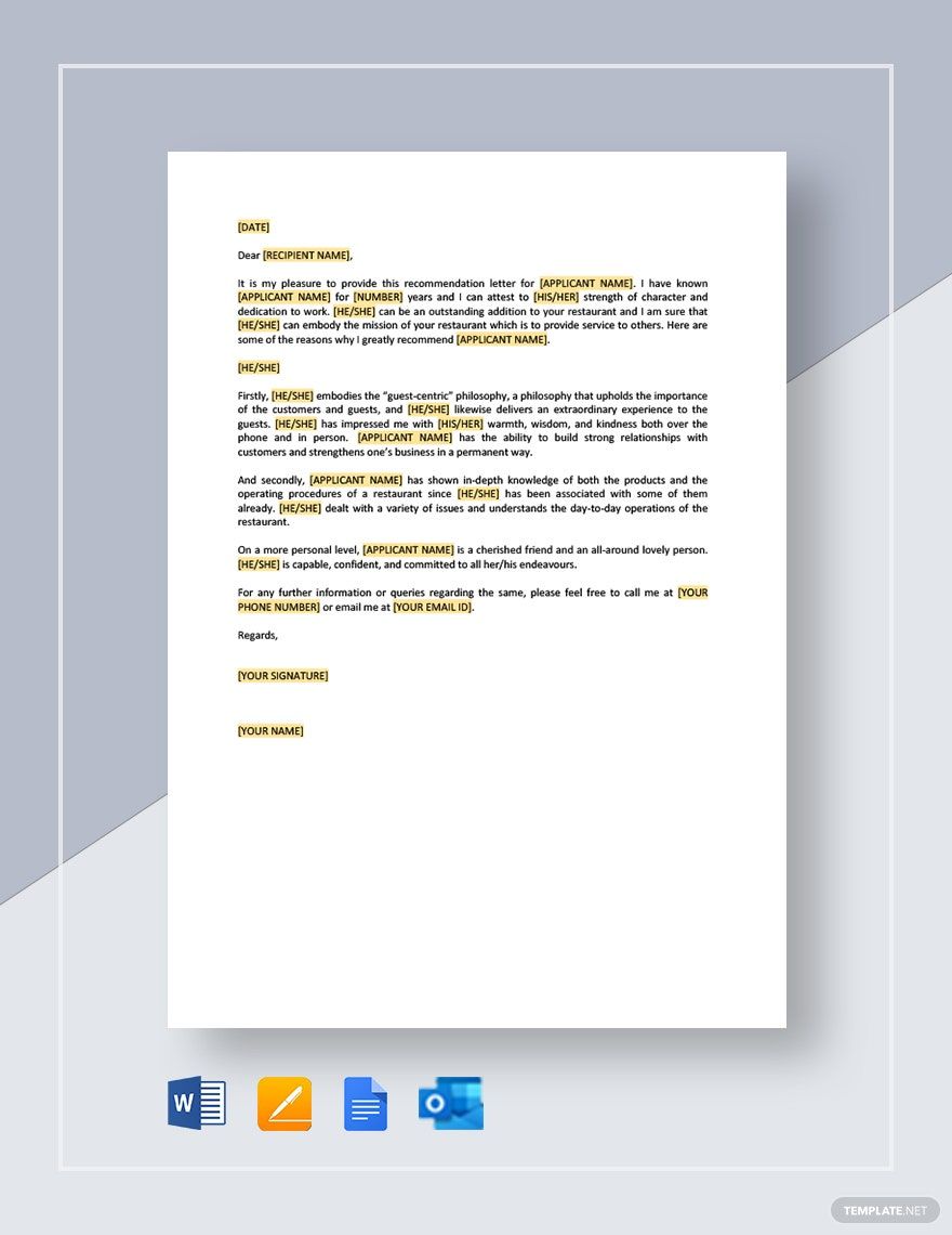 Restaurant Employee Personal Recommendation Letter