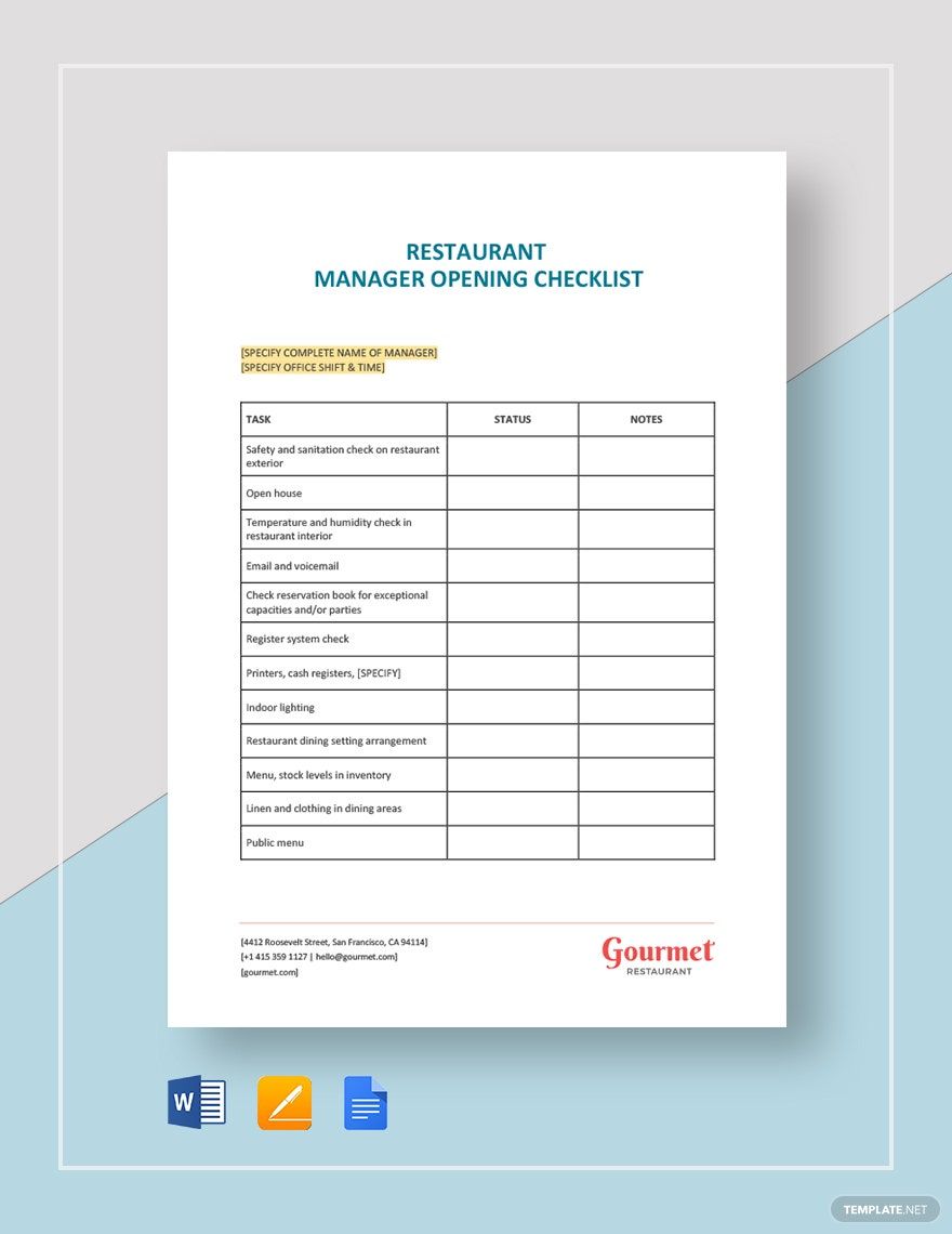 Restaurant Manager Opening Checklist Template
