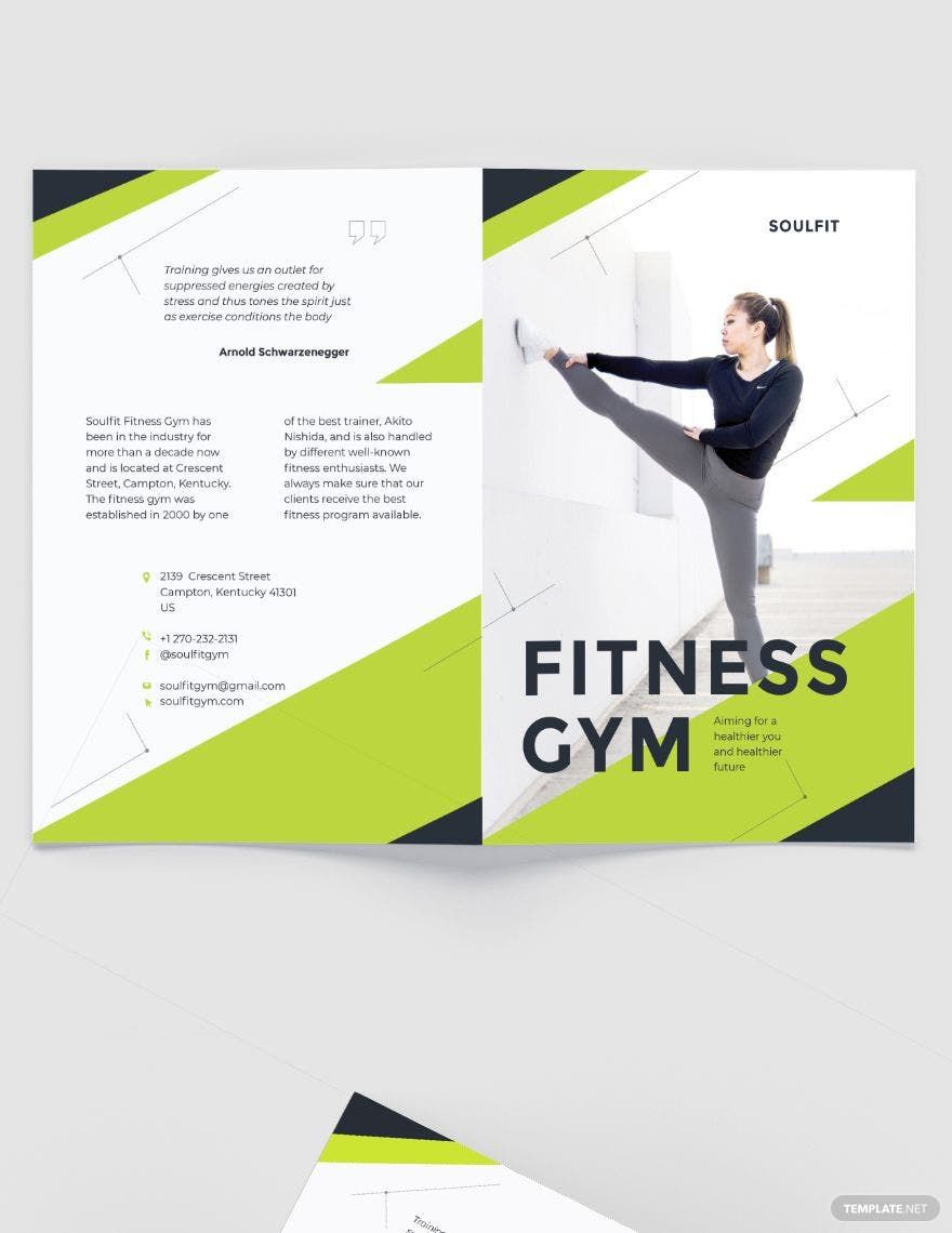 Fitness Gym Bi-Fold Brochure Template in Word, Publisher, Pages, PSD, Illustrator, InDesign, Google Docs - Download | Template.net