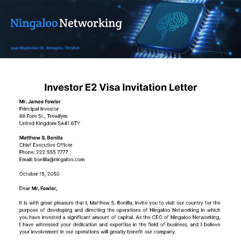 Investor E2 Visa Invitation Letter Template