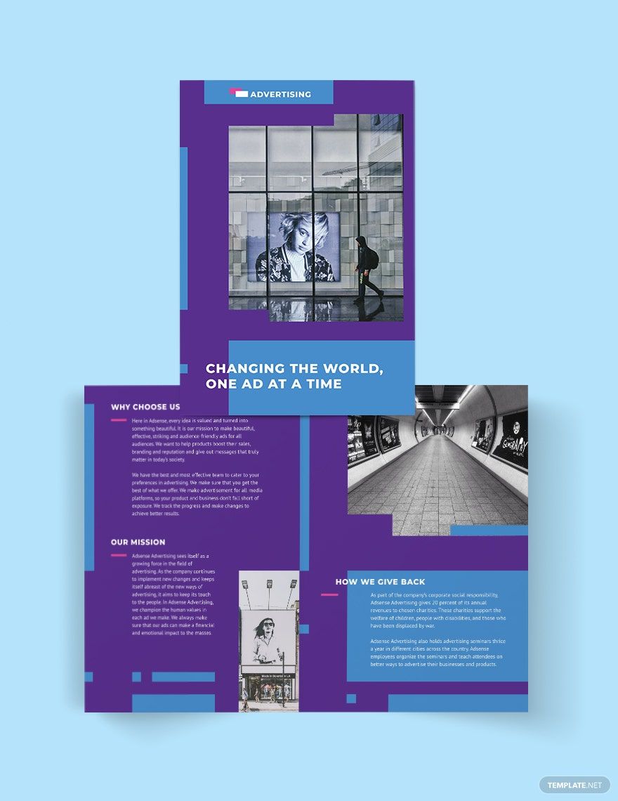 Advertising Company Bi-Fold Brochure Template in InDesign, Pages, Publisher, Illustrator, PSD, Word, Google Docs - Download | Template.net