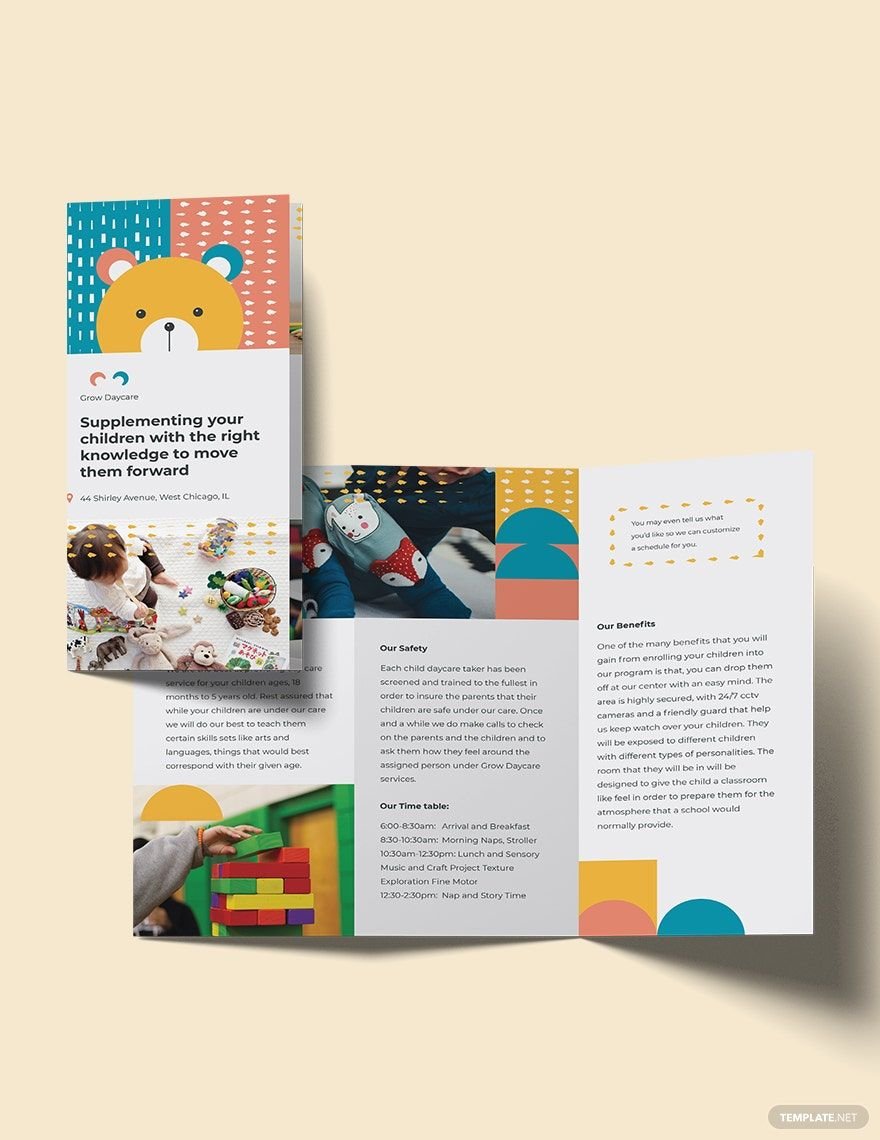 Daycare Center Tri-Fold Brochure Template in Word, Google Docs, Illustrator, PSD, Apple Pages, Publisher, InDesign