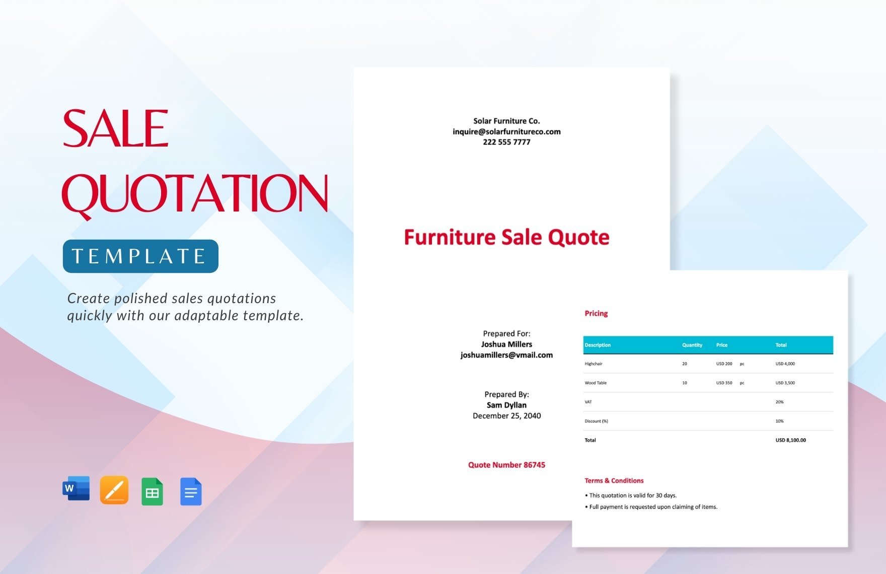 Sale Quotation Template in Word, Google Docs, Google Sheets, Apple Pages