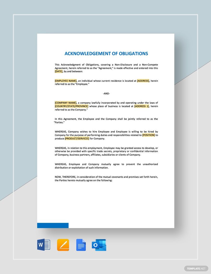 Acknowledgment Of Obligations Template in Word, Google Docs, PDF, Apple Pages, Outlook