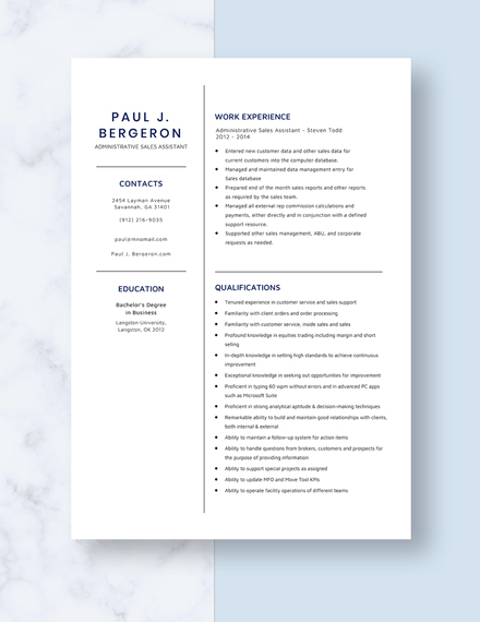 Administrative Sales Assistant Resume Template
