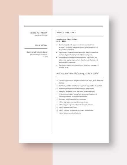 Appointment Clerk Resume Template