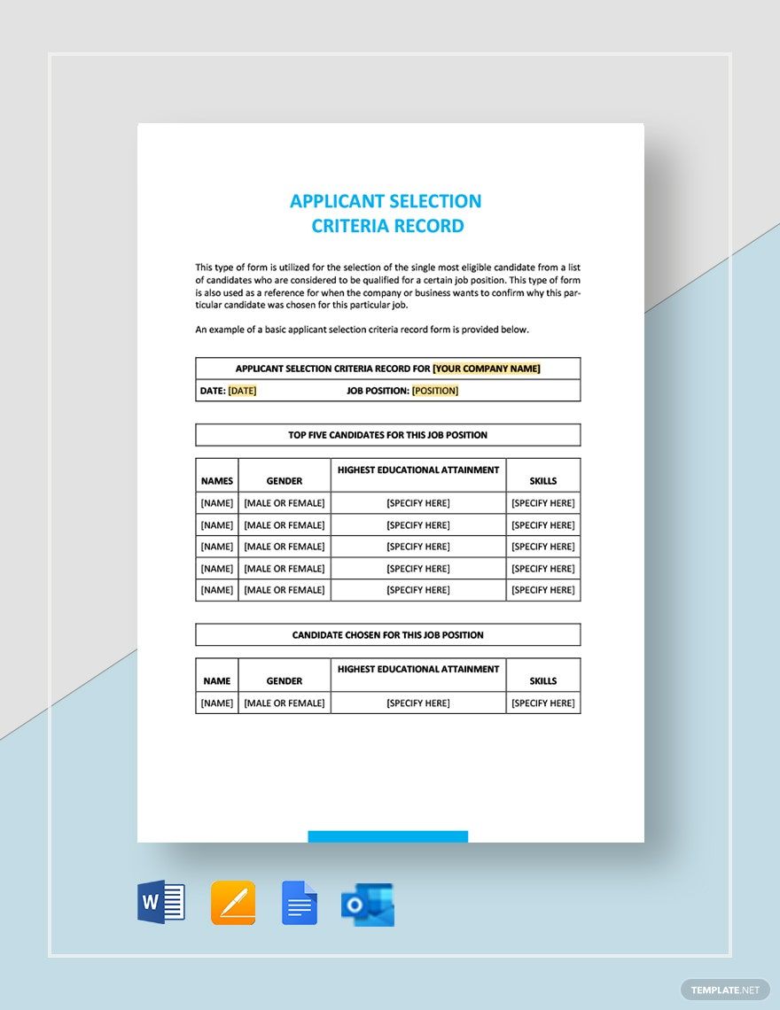 sample applicant selection criteria record
