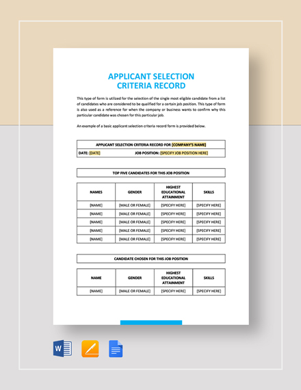 Sample Applicant Selection Criteria Record Template Word Google 