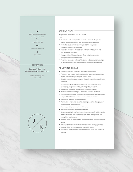 Acquisition Specialist Resume Template