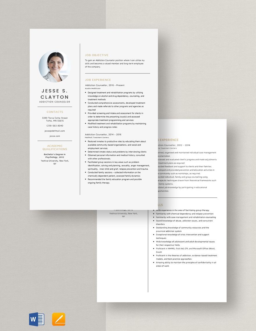 Addiction Counsellor Resume