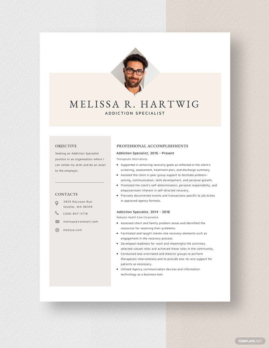 Addiction Specialist Resume in Word, Apple Pages