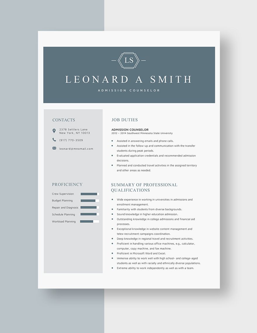 Admission Counselor Resume Template - Word, Apple Pages | Template.net