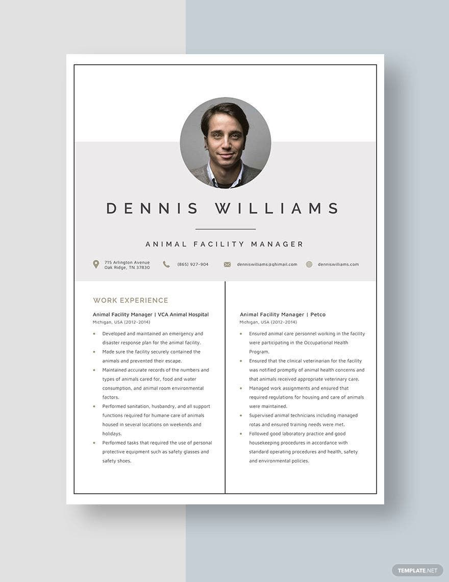 Animal Facility Manager Resume Template