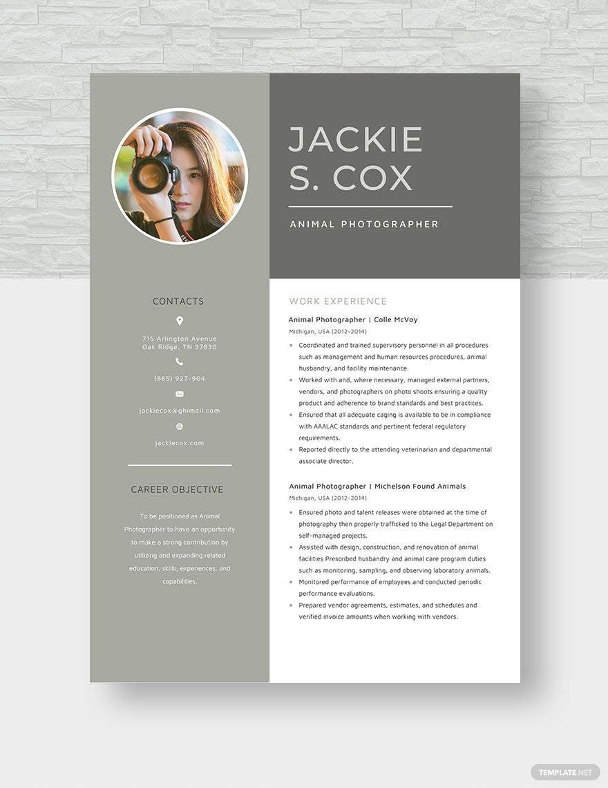 Animal Photographer Resume - Word, Apple Pages, PSD 