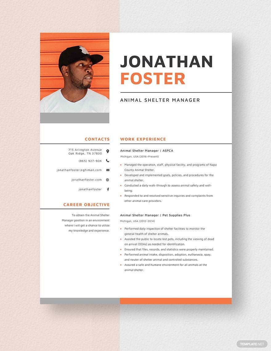 Animal Shelter Manager Resume Template