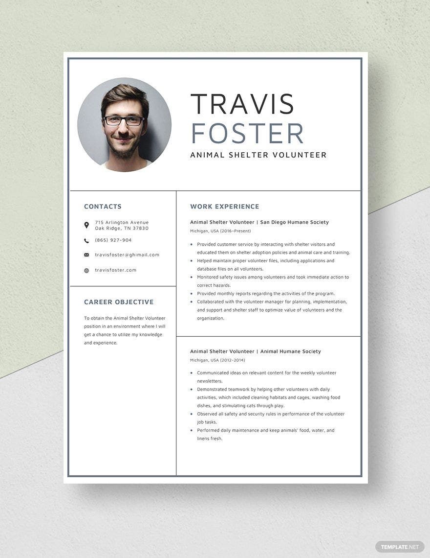 Animal Shelter Volunteer Resume - Word, Apple Pages, PSD 