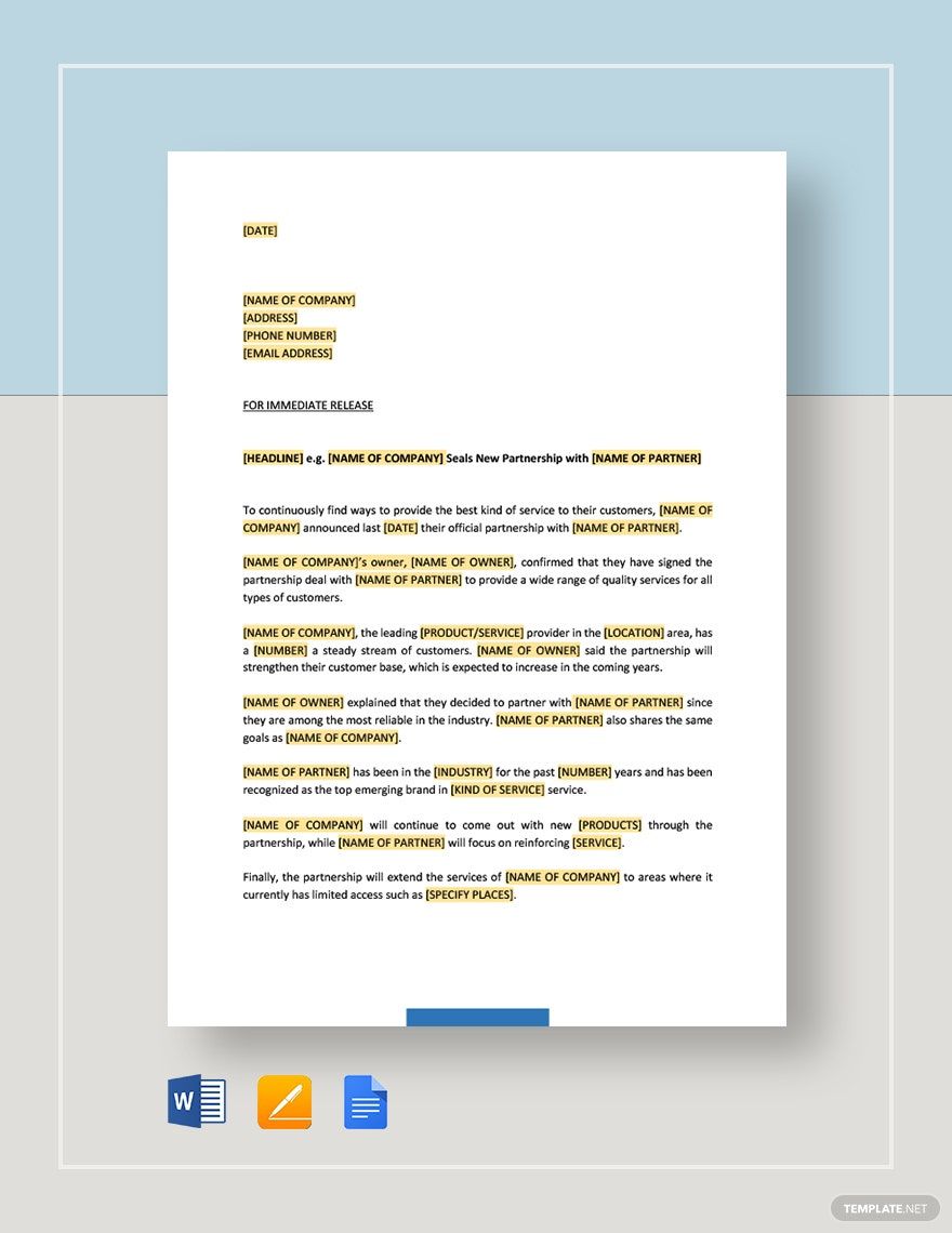 Press Release New Partnership Collaboration Template Download in Word