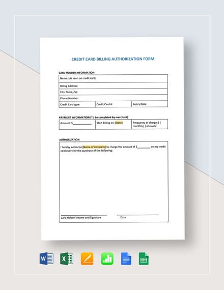 Credit Card Billing Authorization Form Template - Google Docs, Google Sheets, Excel, Word, Apple Numbers, Apple Pages