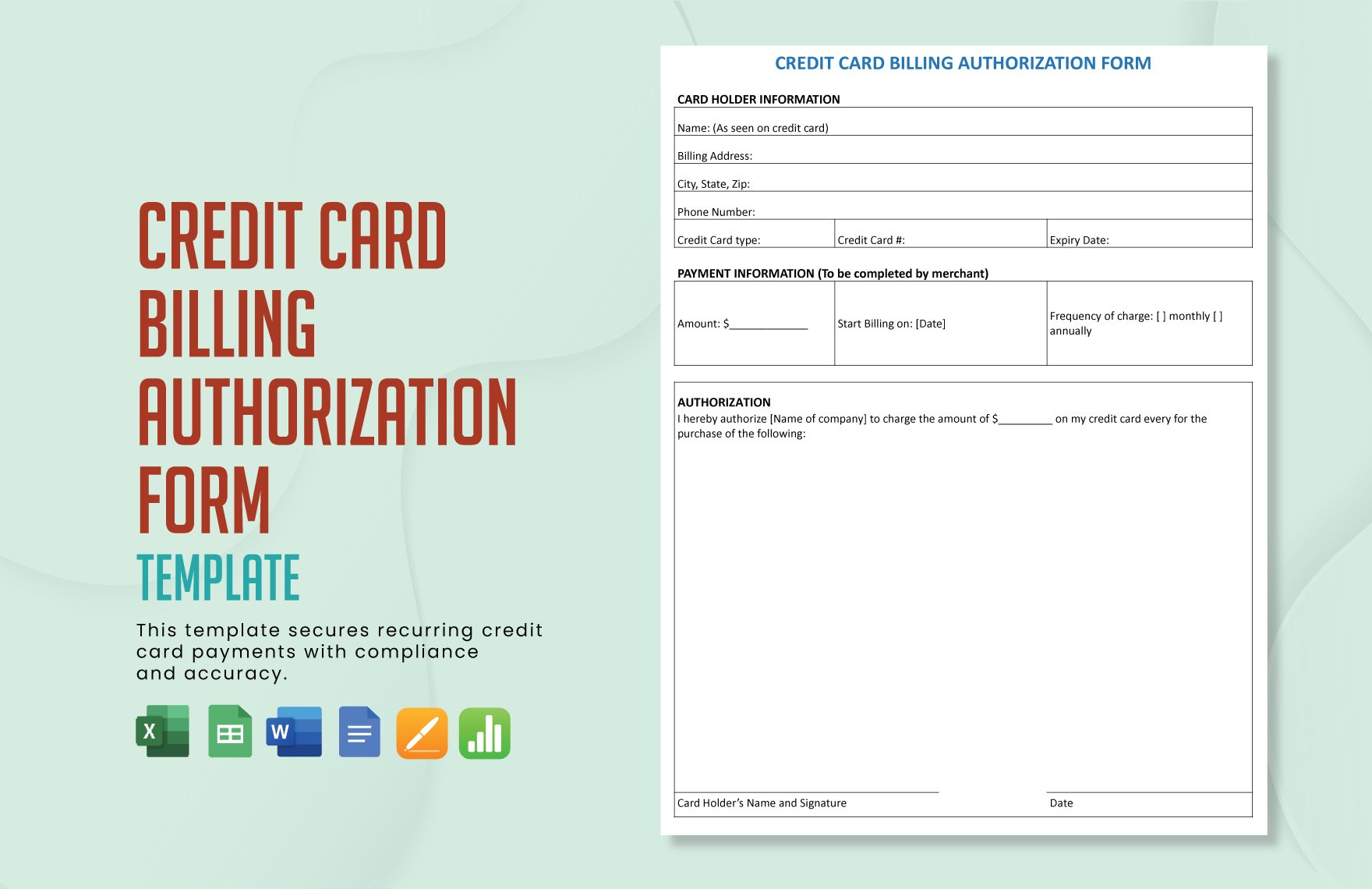 Free Credit Card Billing Authorization Form Template in Word, Google Docs, Excel, Google Sheets, Apple Pages, Apple Numbers
