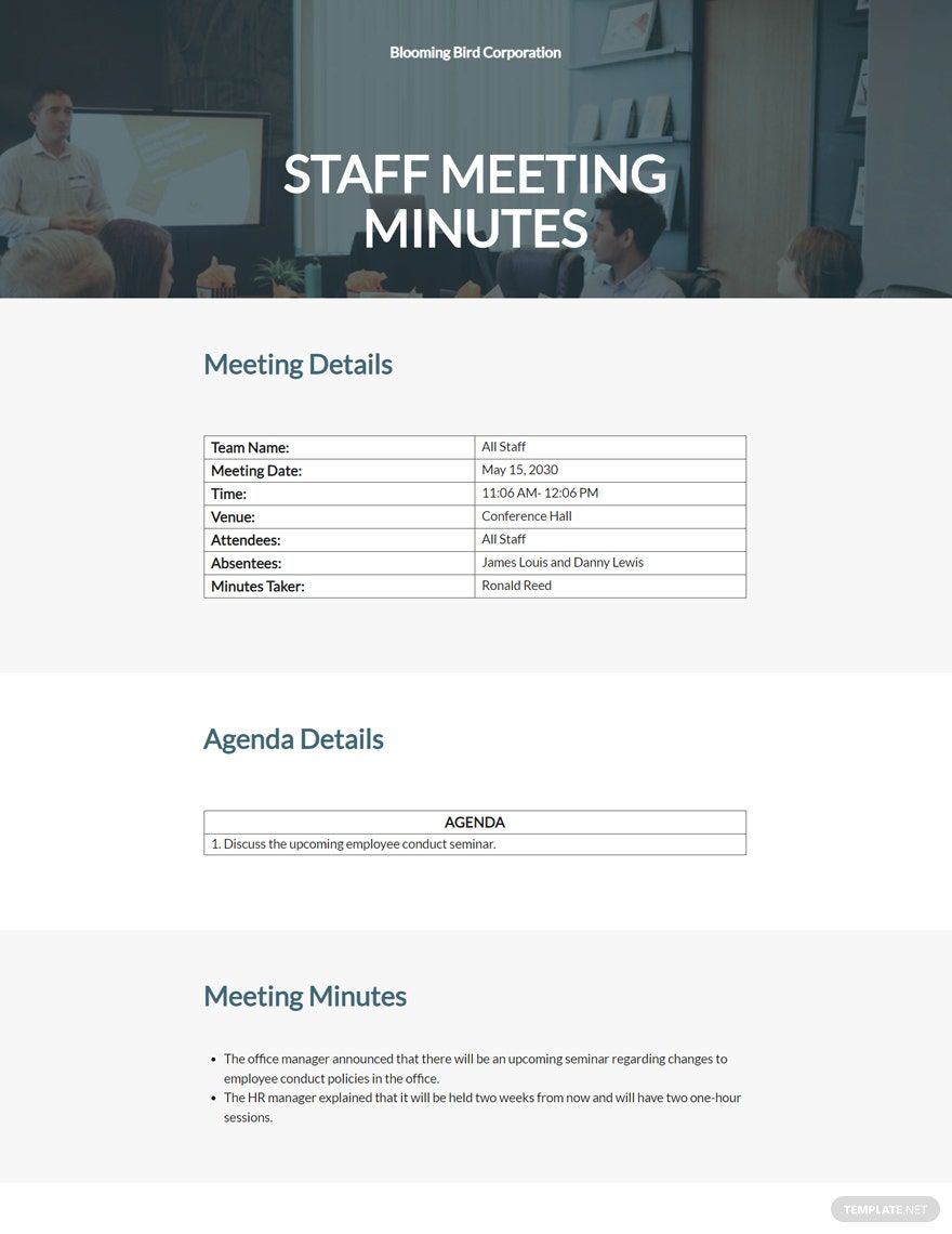 Sample Staff Meeting Minutes Template in Word, Google Docs, PDF, Apple Pages