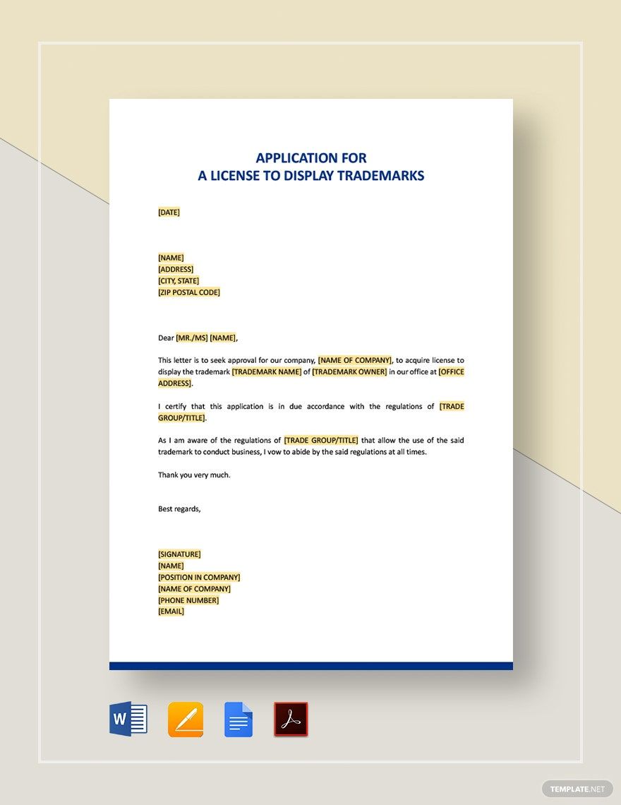 Application for a License to Display Trademarks Template in Word, Google Docs, PDF, Apple Pages