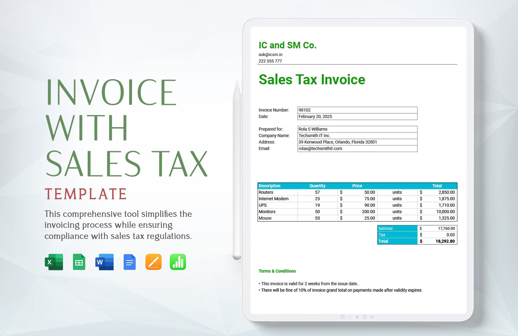 Invoice with Sales Tax Template in Word, Google Docs, Excel, Google Sheets, Apple Pages, Apple Numbers