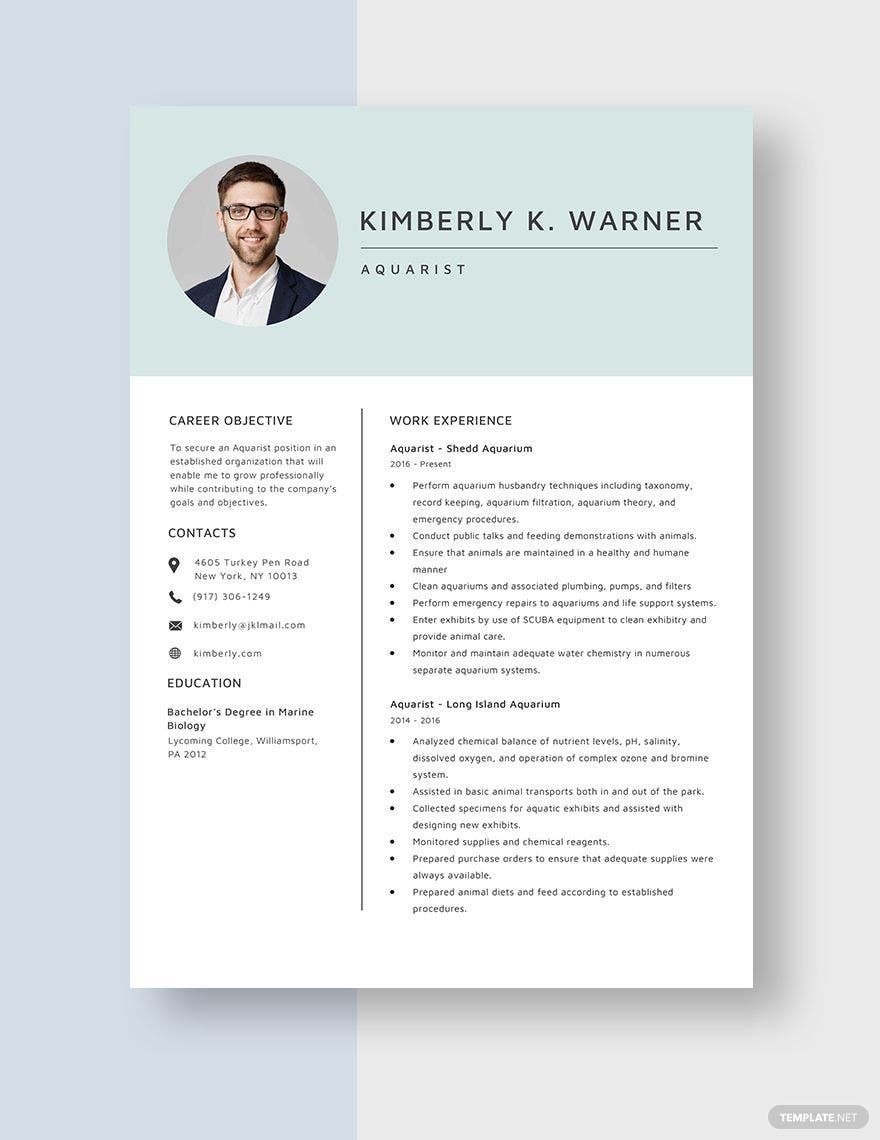 Aquarist Resume in Word, Apple Pages