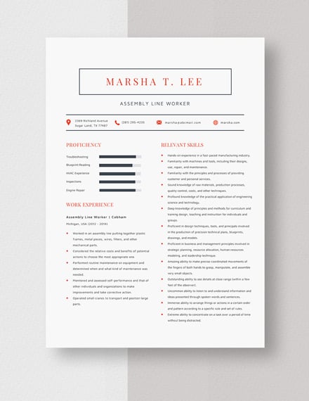 Assembly Line Worker Resume Template