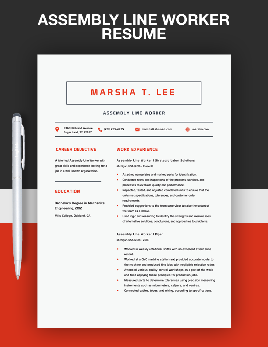 Assembly Line Worker Resume in Word, Apple Pages