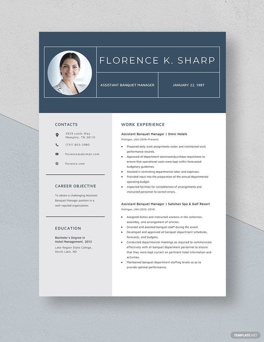 Assistant Banquet Manager Resume Template