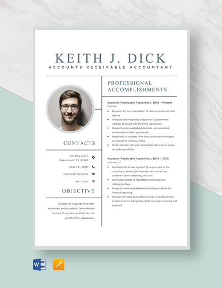 Free Accounts Receivable Accountant Resume Template - Word, Apple Pages