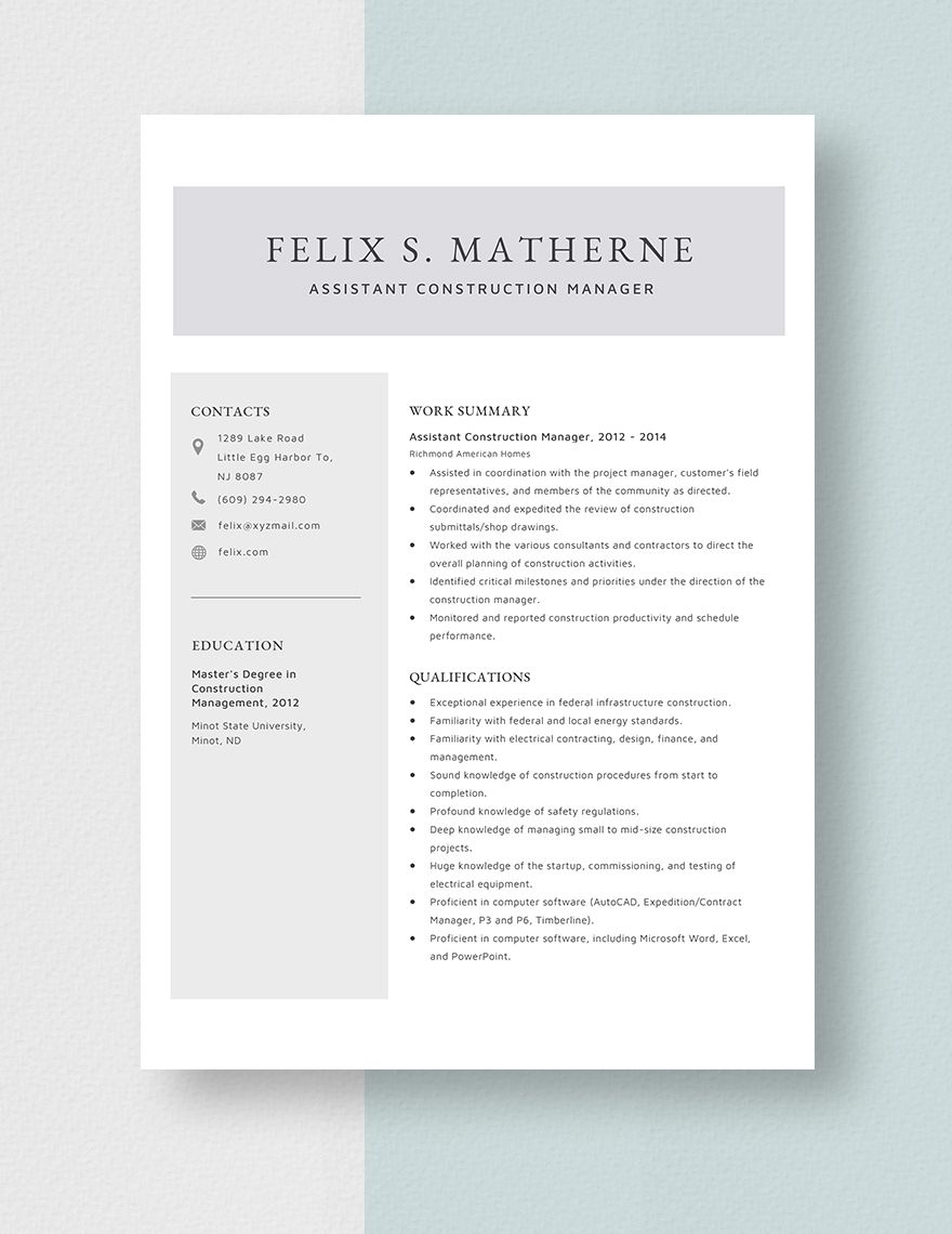 Assistant Construction Manager Resume In Pages Word Download 