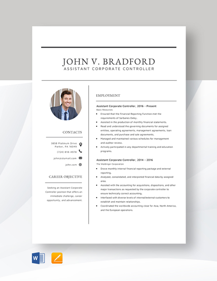 Assistant Corporate Controller Resume Template - Word, Apple Pages